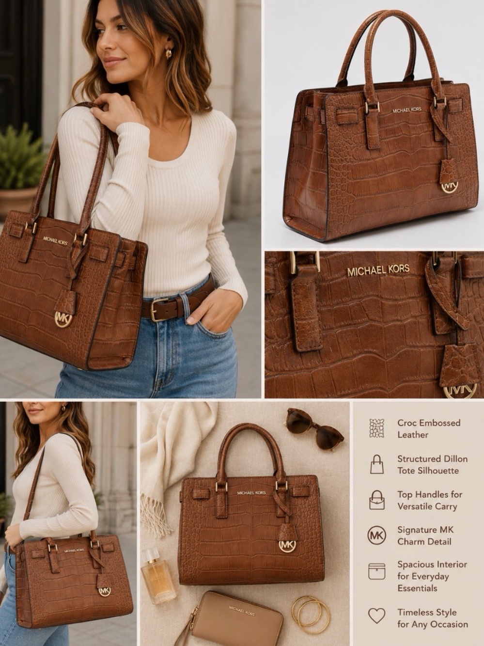 MICHAEL Michael Kors Brown Croc Embossed Leather Dillon Tote.❤️ 13”x9.5”…